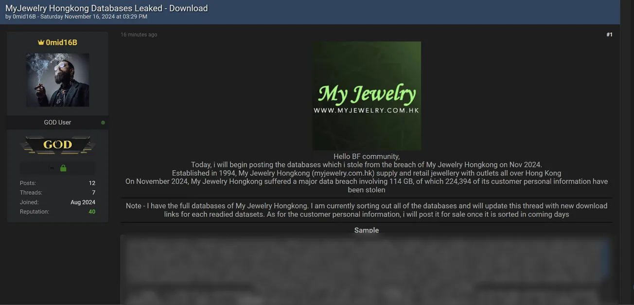 A Threat Actor  Has Allegedly Leaked the Data of My Jewelry