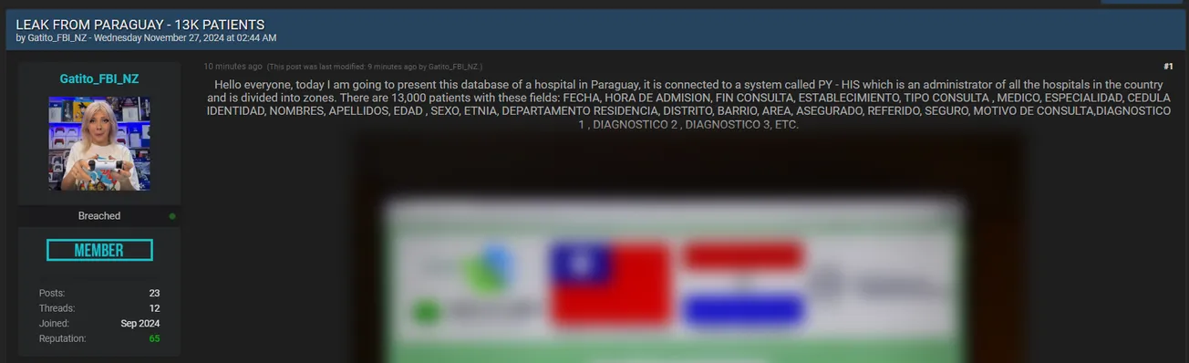 Gatito_FBI_NZ Allegedly Leaked Data of an Unidentified Hospital in Paraguay