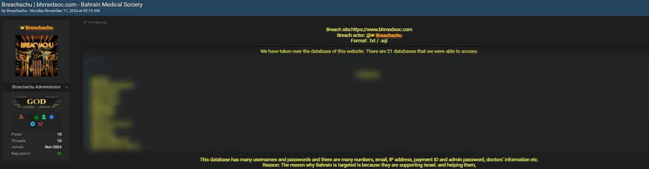 A Threat Actor Has Allegedly Leaked Data of Bahrain Medical Society