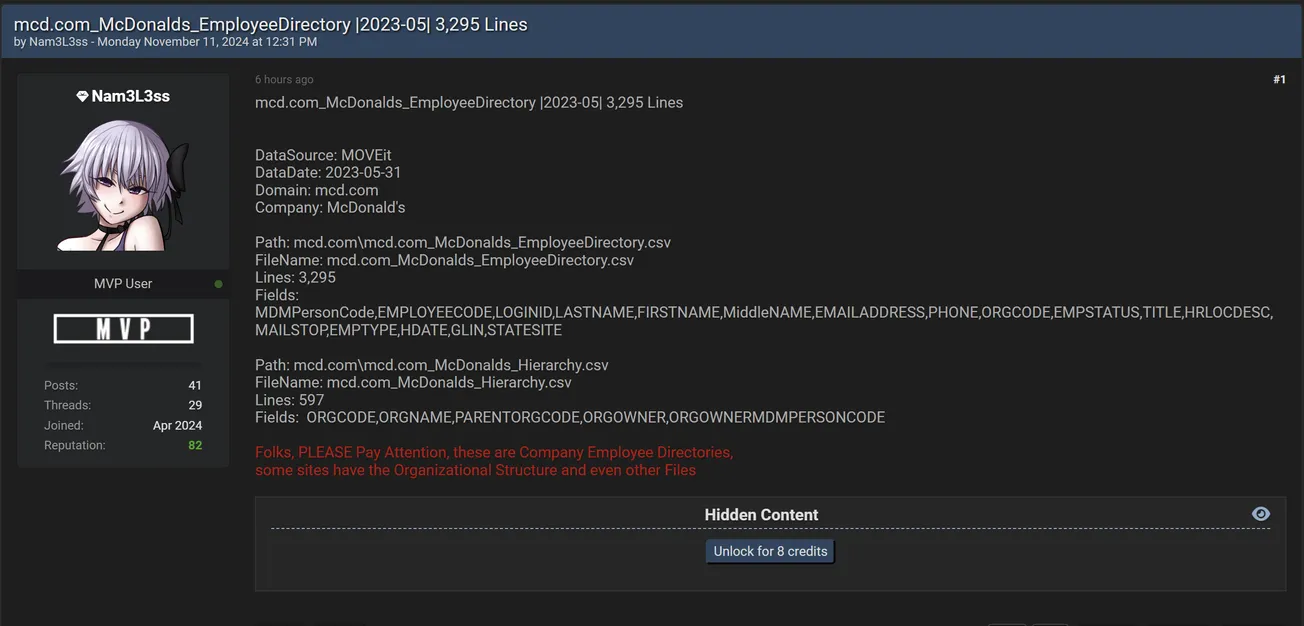 Nam3L3ss Has Allegedly Leaked Employee Data of McDonald's Corporation