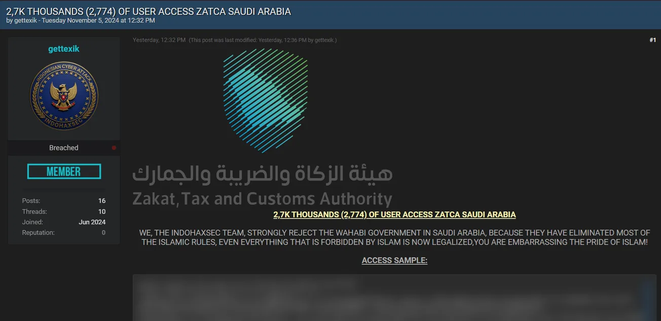 A Threat Actor Has Allegedly Leaked Data of Zakat,Tax and Customs Authority of Saudi Arabia
