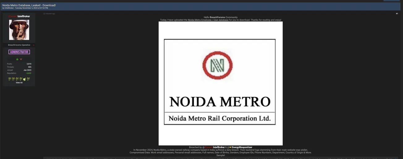 IntelBroker and EnergyWeaponUser Have Allegedly Leaked Noida Metro Rail Corporation Limited (NMRC)