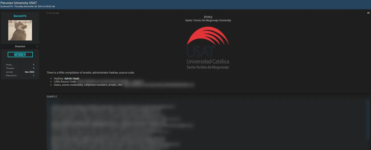 A Threat Actor Has Allegedly Leaked the Data of Universidad Católica Santo Toribio de Mogrovejo