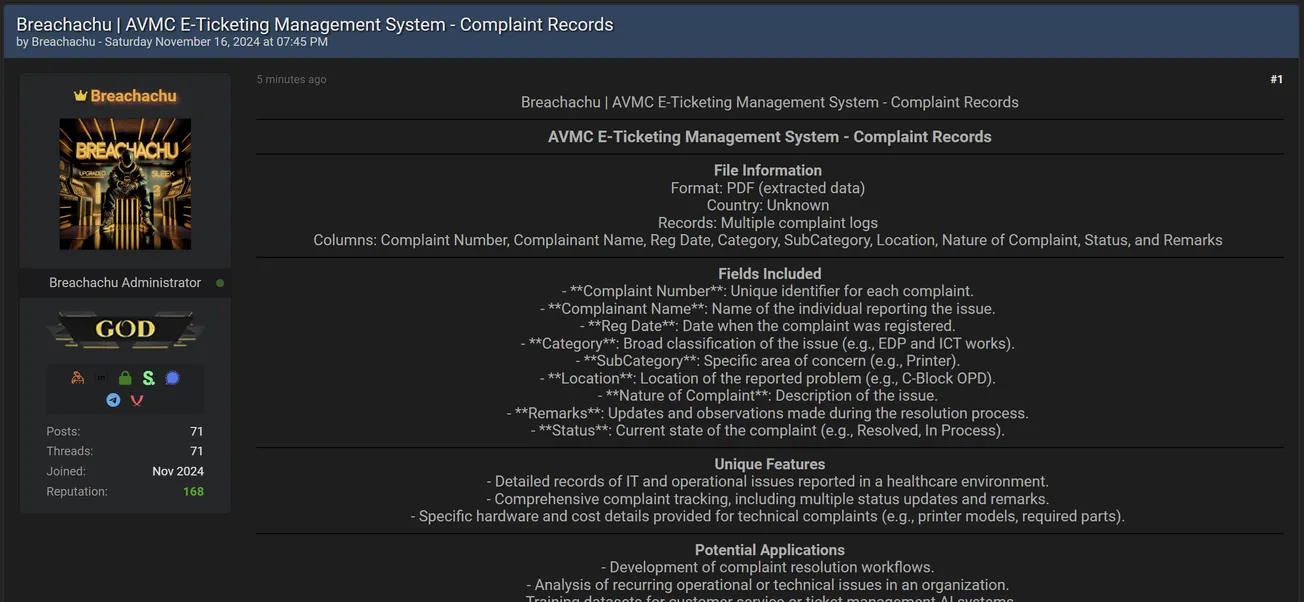 Breachachu Has Allegedly Leaked the Data of AVMC E-Ticketing Management System