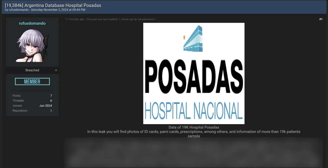 A Threat Actor has Allegdly Leaked Data of Hospital Nacional Profesor Alejandro Posadas