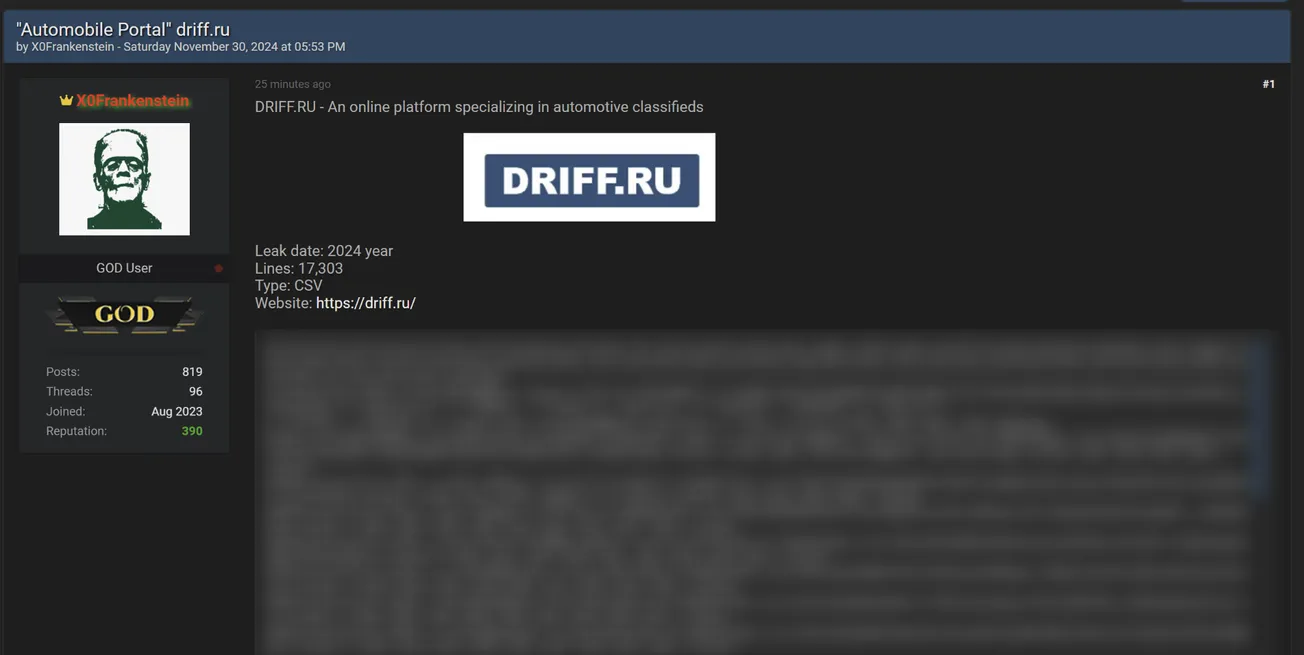 X0Frankenstein Claims to have Leaked the Data of Driff