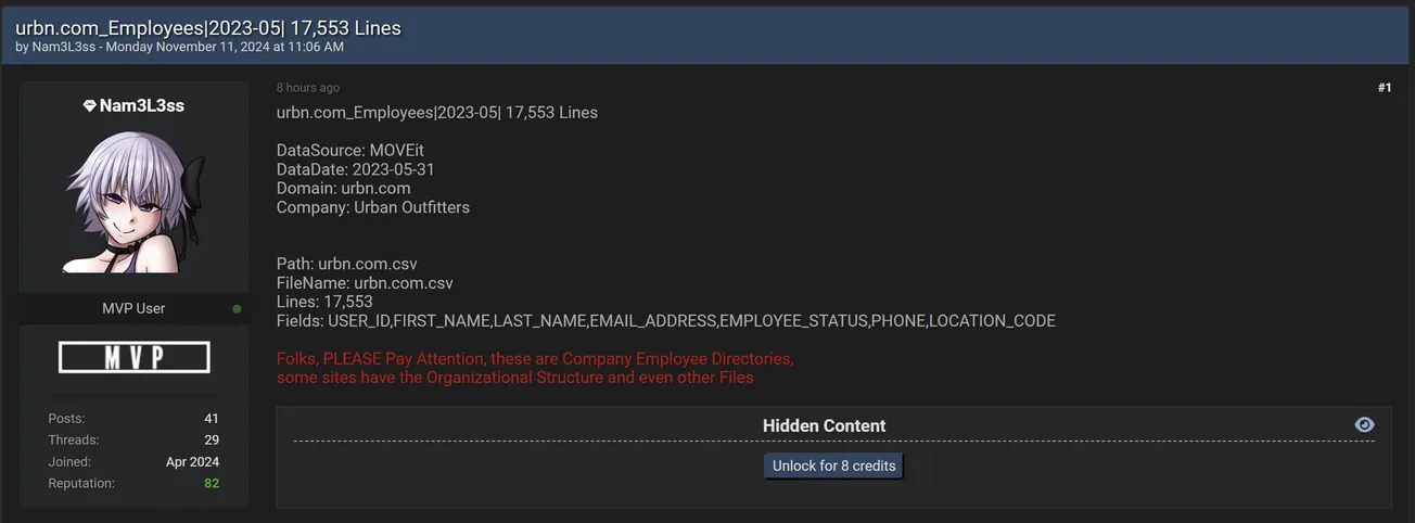 Nam3L3ss Has Allegedly Leaked Employee Data of Urban Outfitters