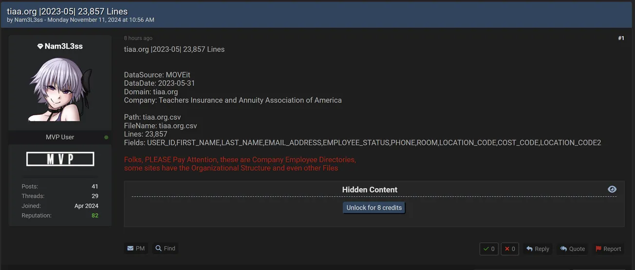 Nam3L3ss Has Allegedly Leaked Employee Data of TIAA