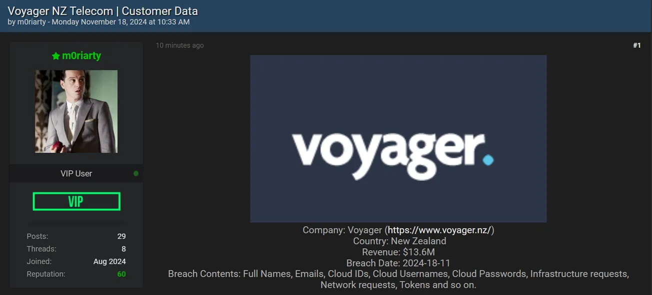 A Threat Actor Has Allegedly Leaked the Data of Voyager Internet