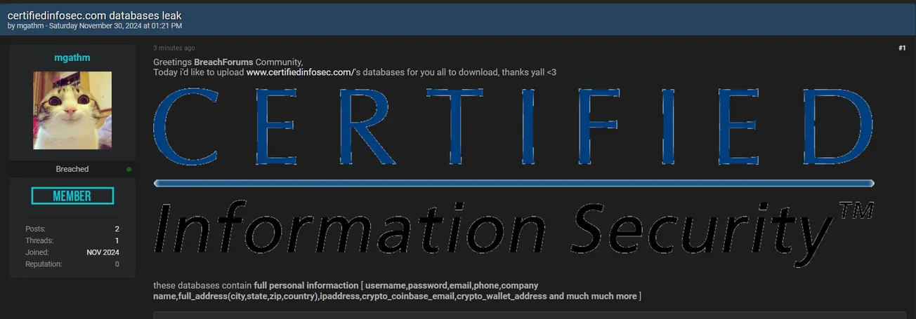 A Threat Actor Claims to have Leaked the Data of Certified Information Security