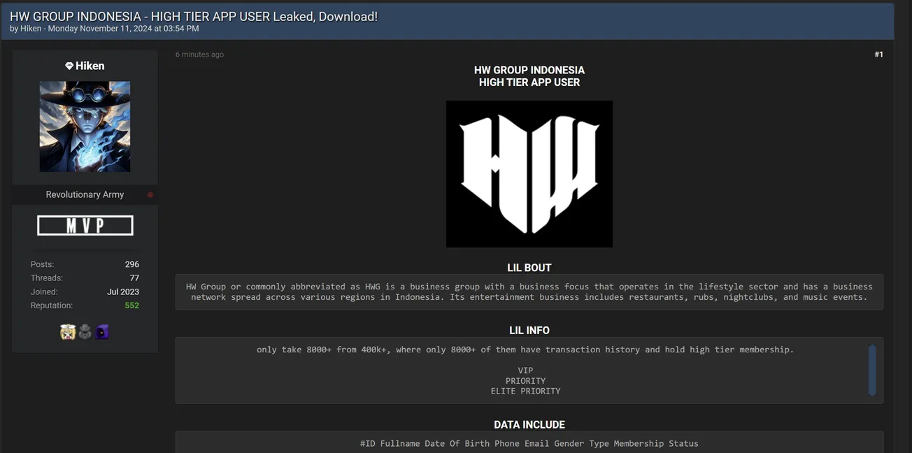 Hiken Has Allegedly Leaked the Data of HWGroup