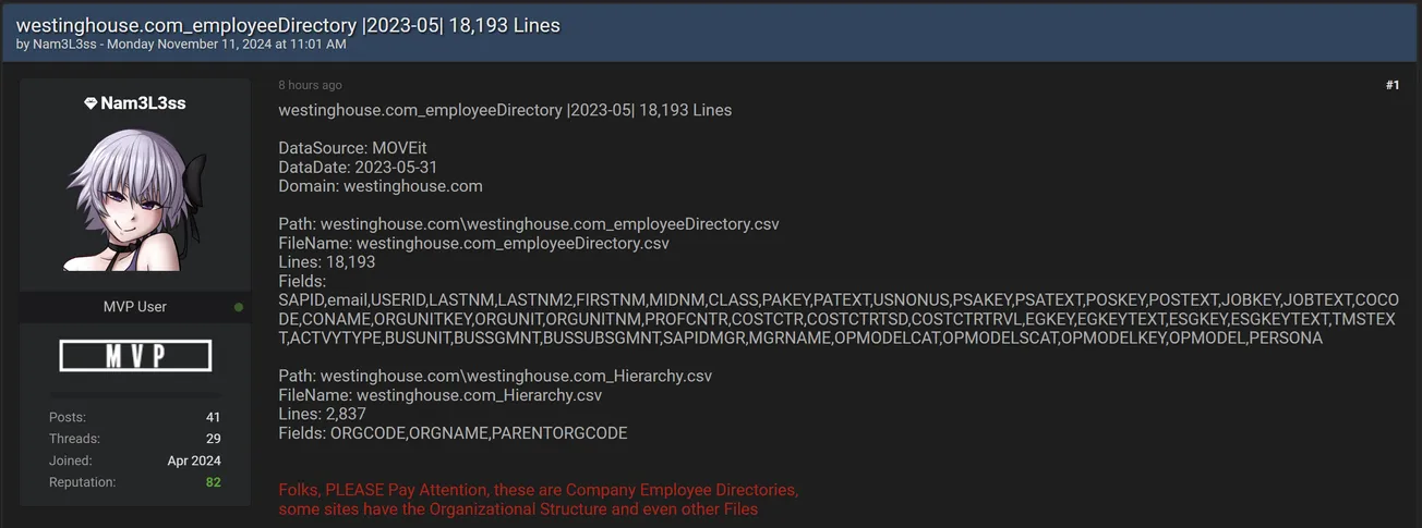 Nam3L3ss Has Allegedly Leaked Data of Westinghouse Electric Corporation