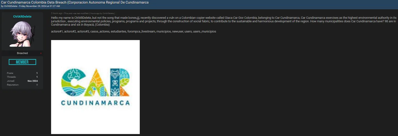A Threat Actor Claims to have Leaked the Data of Corporación Autónoma Regional de Cundinamarca