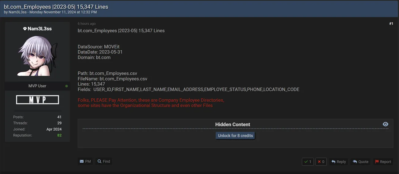 Nam3L3ss Has Allegedly Leaked Employee Data of BT Group