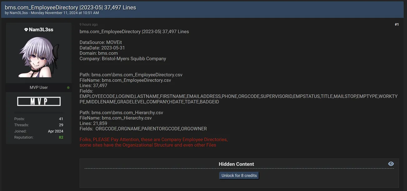 Nam3L3ss Has Allegedly Leaked Employee Data of Bristol Myers Squibb (BMS)