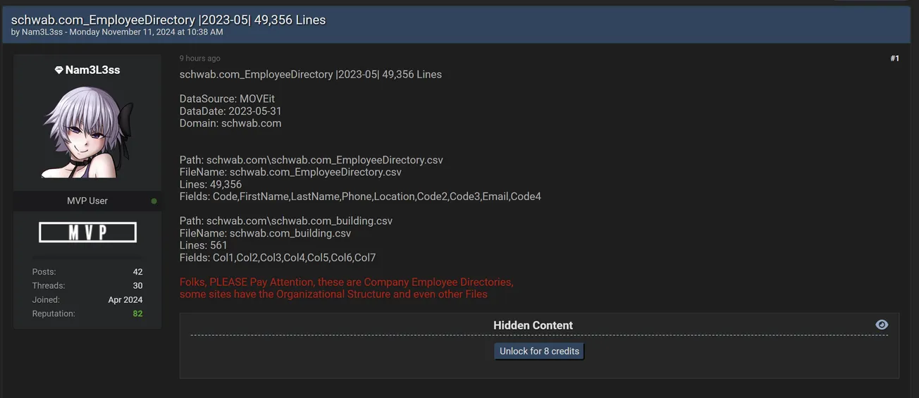 Nam3L3ss Allegedly Has Leaked Employee Data of Charles Schwab
