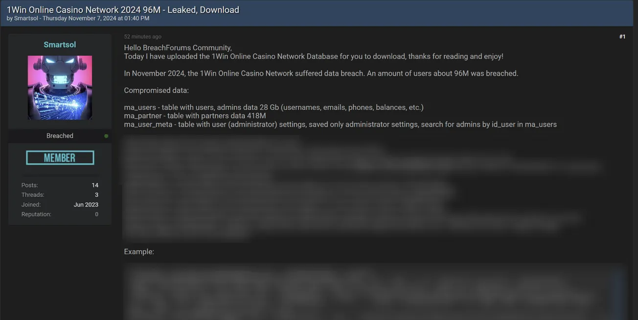 A Threat Actor Has Allegedly Leaked the Data of 1Win