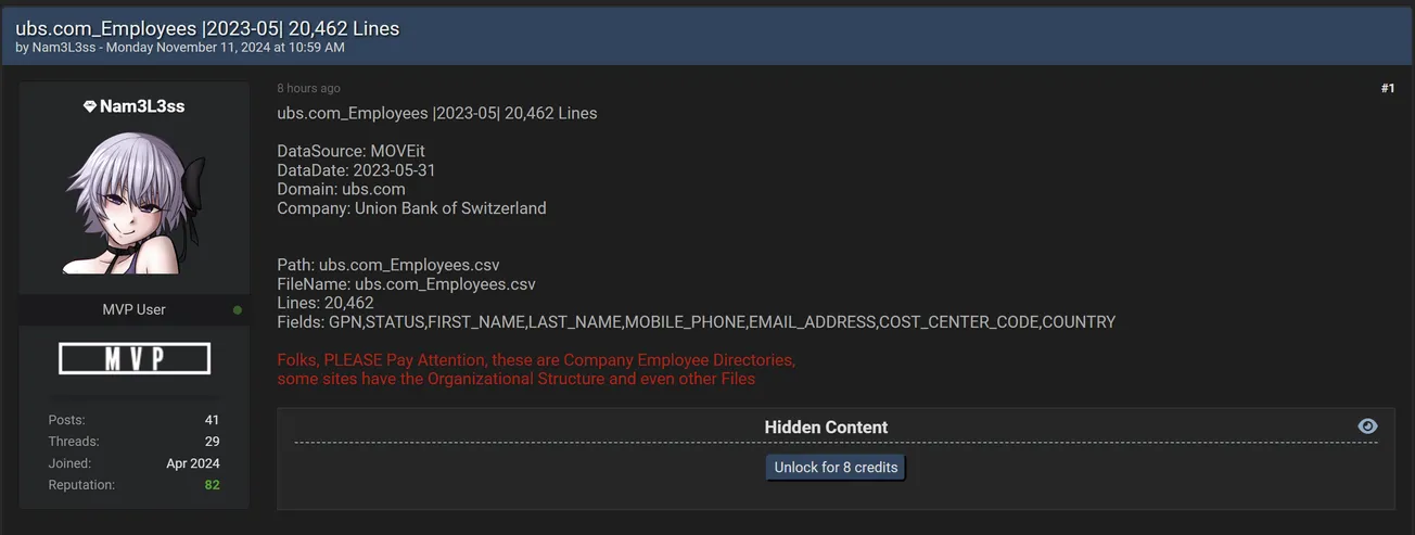 Nam3L3ss Hs Allegedly Leaked Employee Data of UBS