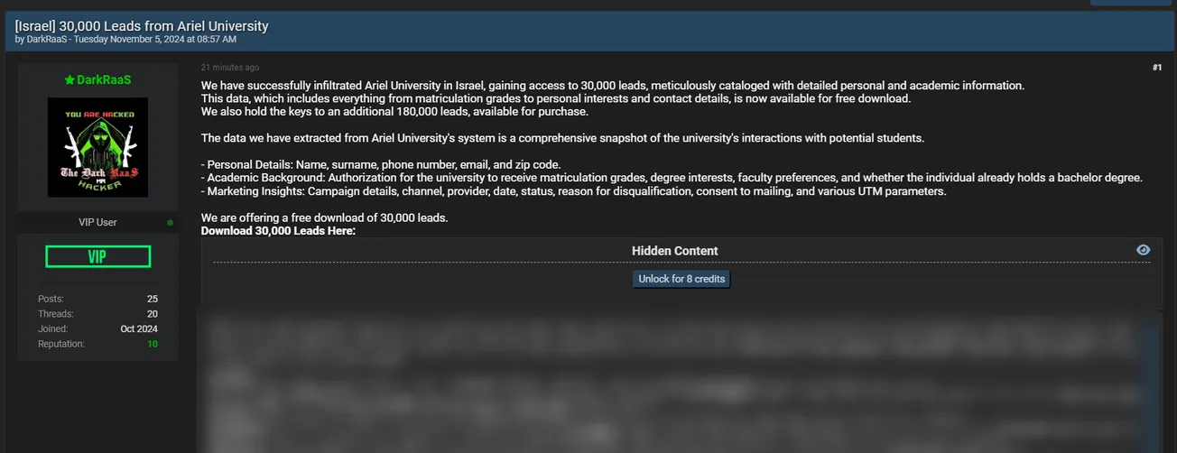DarkRaaS Has Allegedly Leaked Data of Ariel University