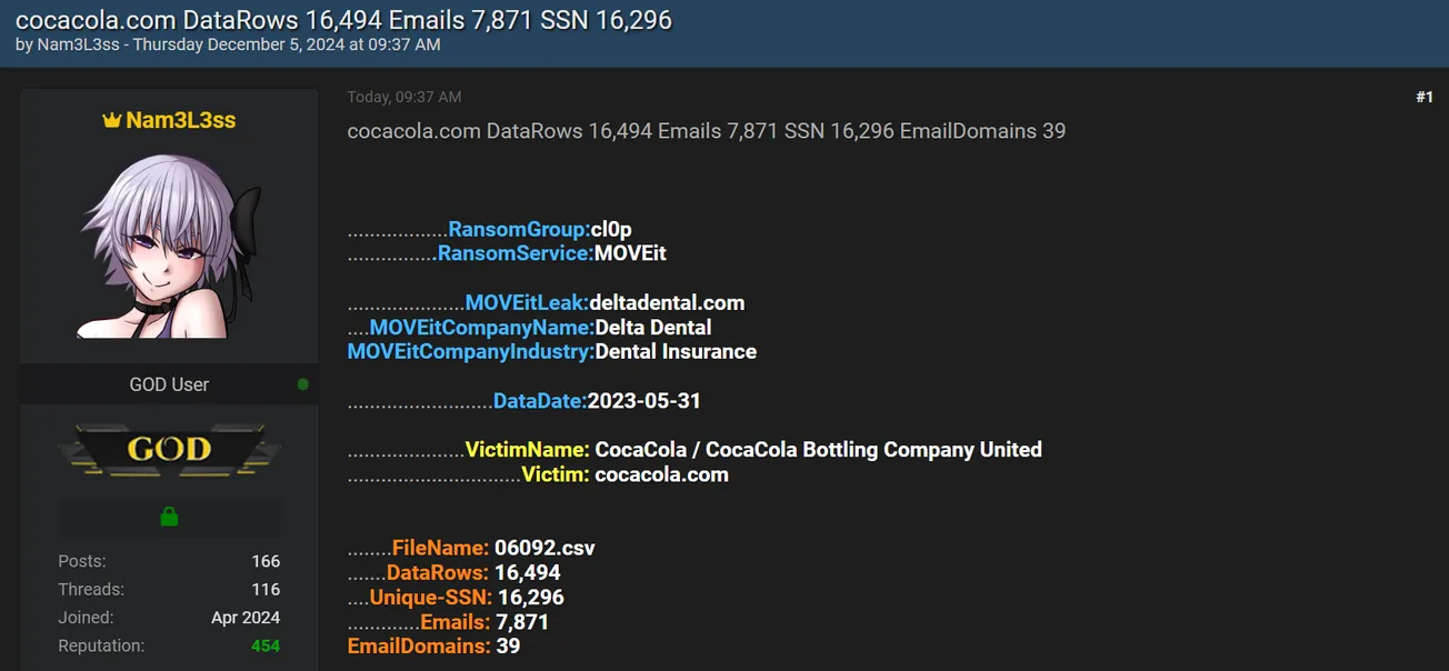 Nam3L3ss Has Leaked the Data of Many Companies from Cl0p Ransomware