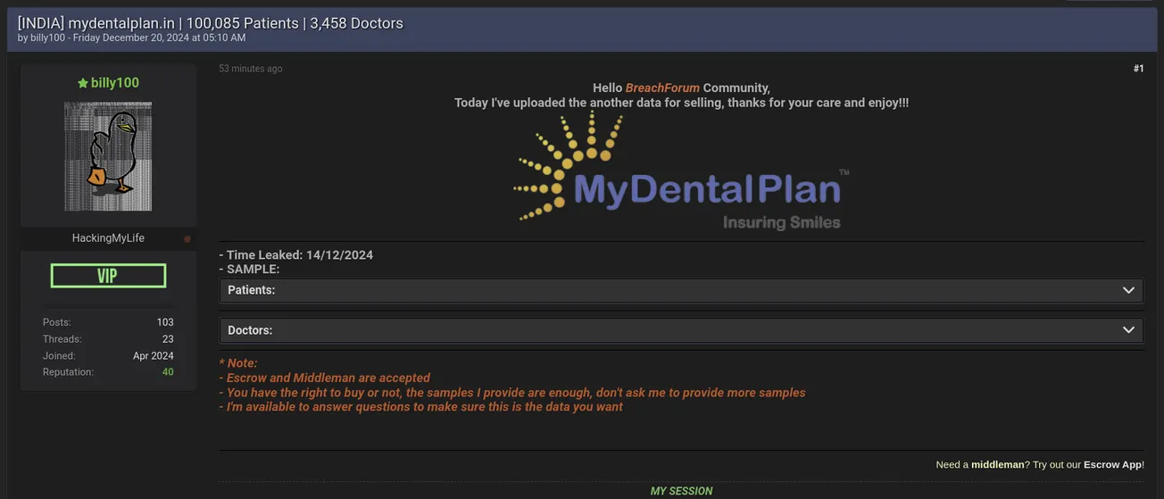 billy100 is Allegedly Selling the Data of MyDentalPlan Healthcare Pvt. Ltd