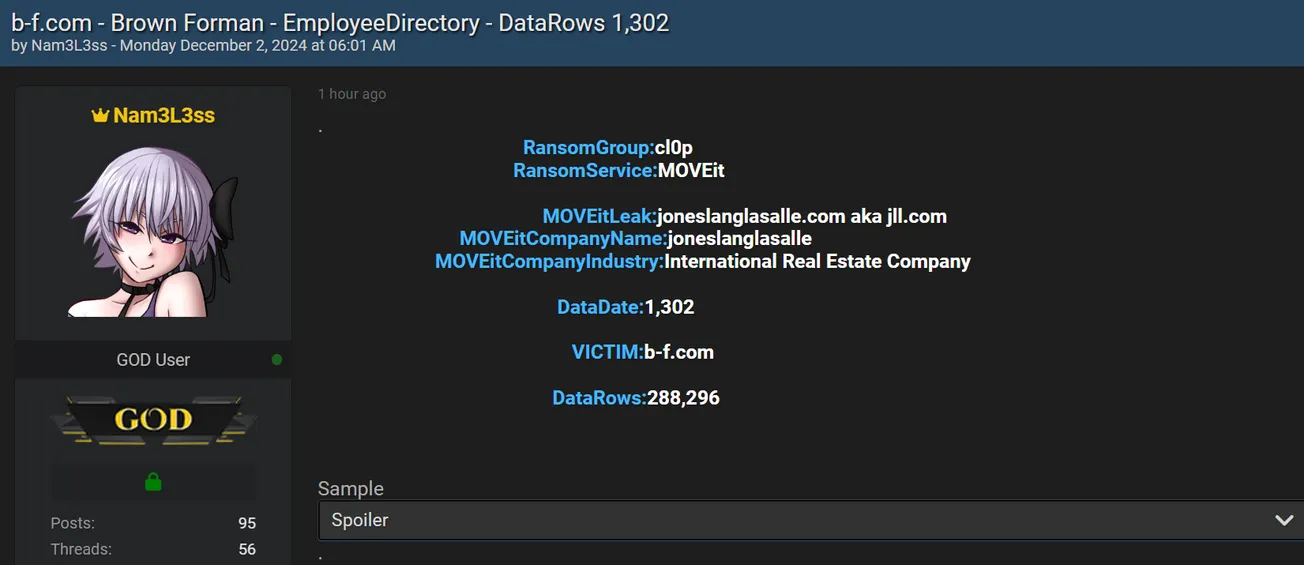 Nam3L3ss Allegedly Leaked the Data of Brown-Forman