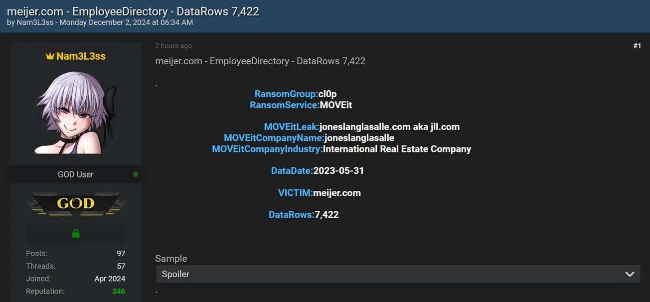 Nam3L3ss Allegedly Leaked Data of Meijer