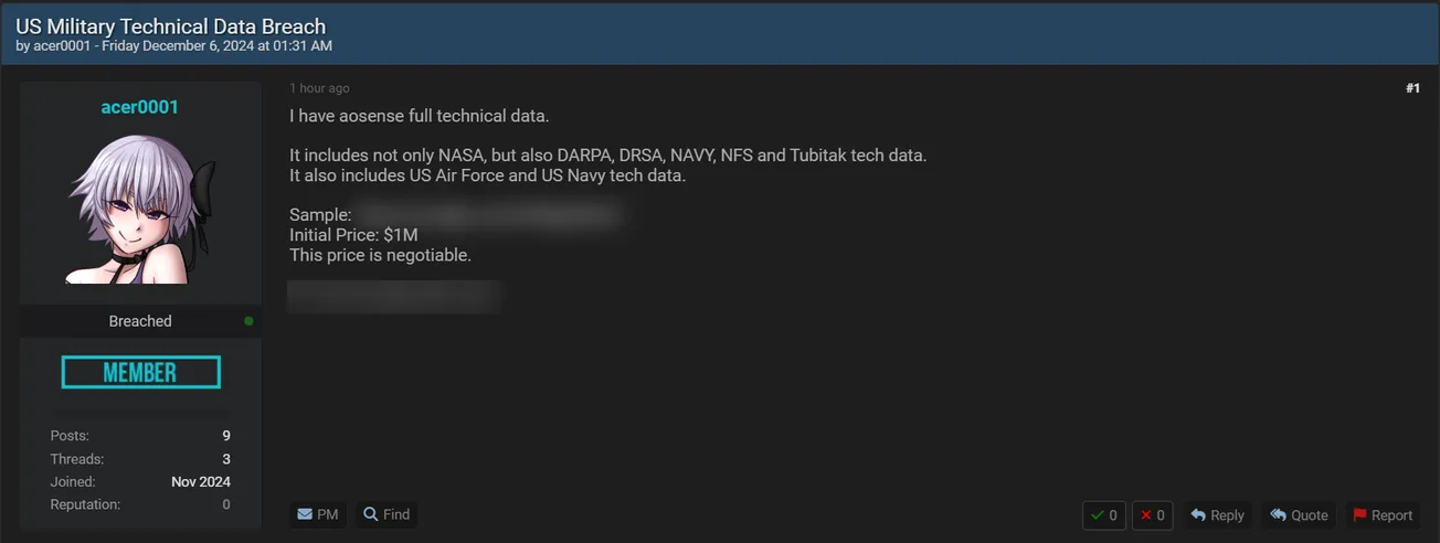A Threat Actor Claims to have Leaked US Military Technical Data