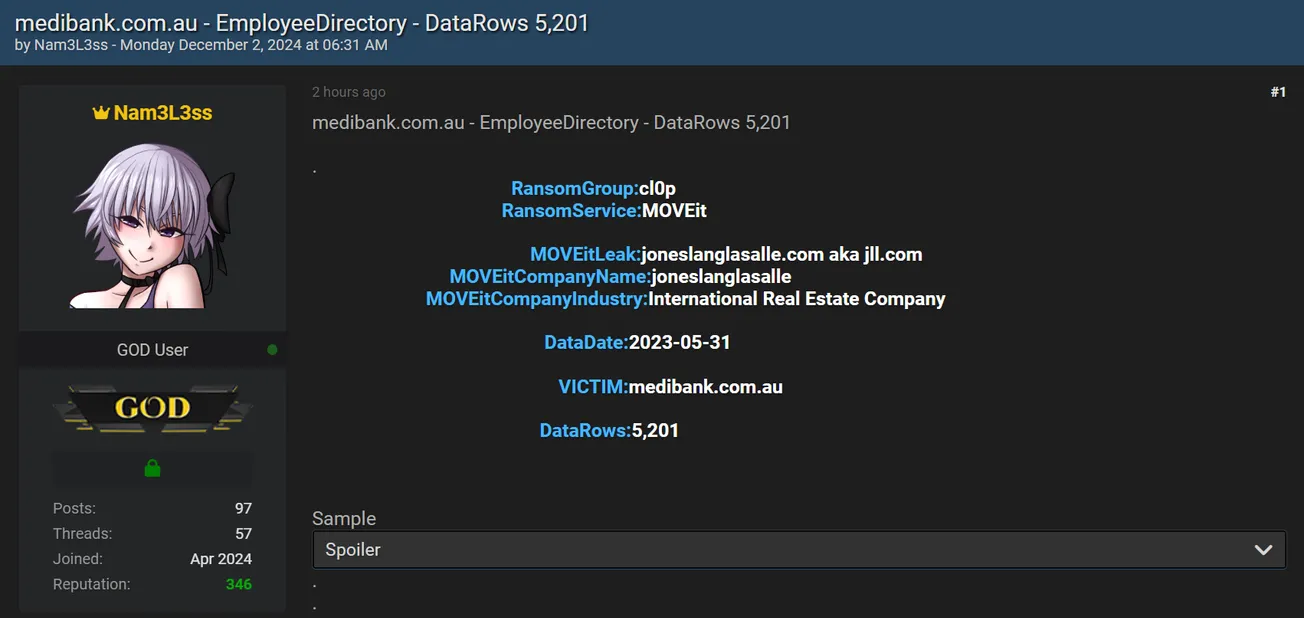 Nam3L3ss Allegedly Leaked Data of Medibank