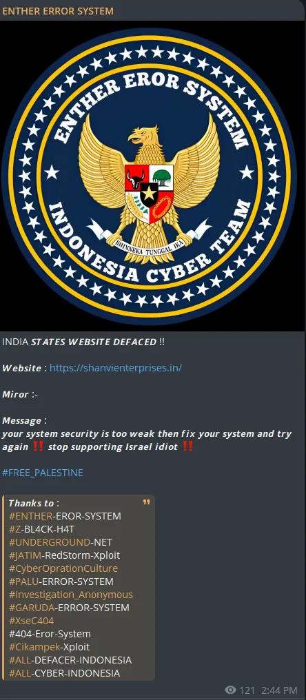 ENTHER EROR SYSTEM Defaced the Website of Shanvi Enterprises