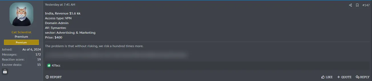 A Threat Actor Claims to be Selling VPN Access to an Unidentified Indian Advertising and Marketing Company