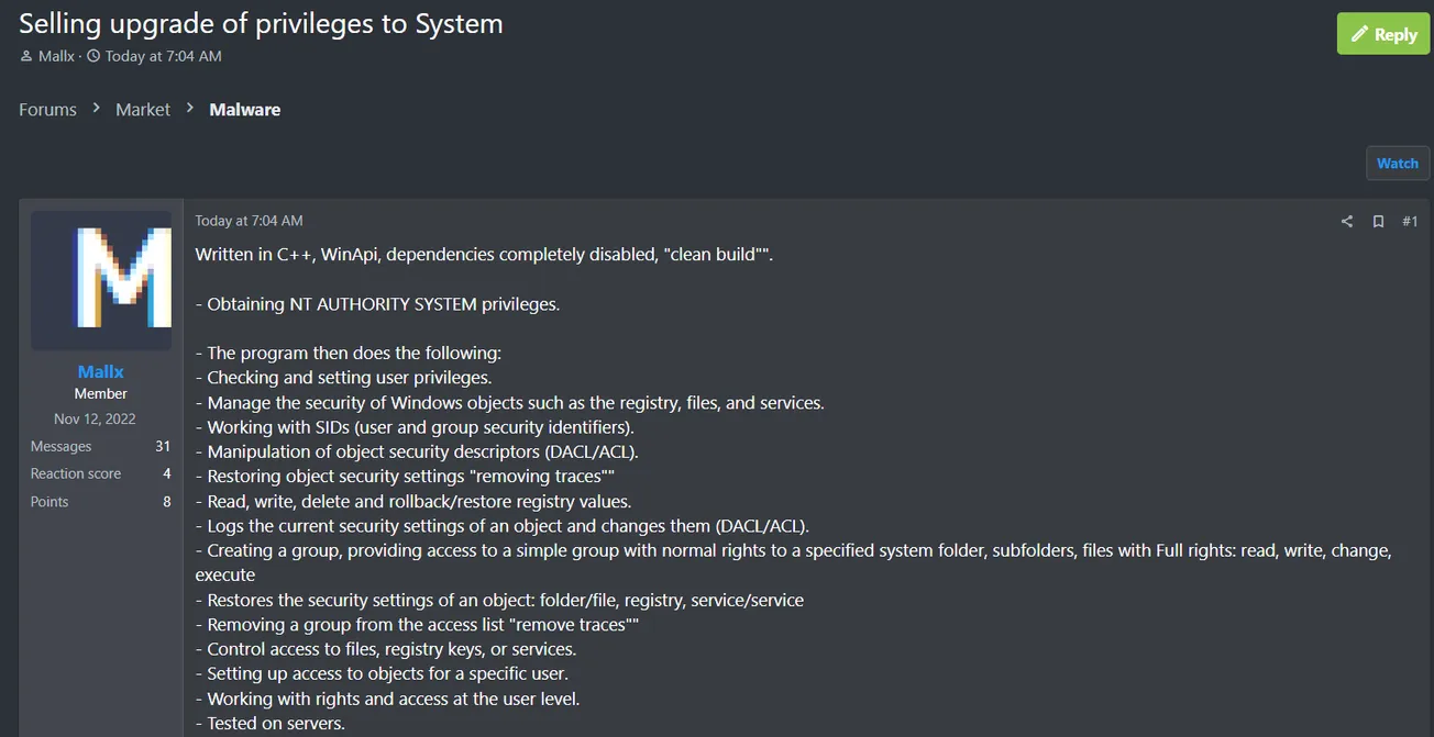 A Threat Actor is Allegedly Selling Windows Privilege Escalation Malware