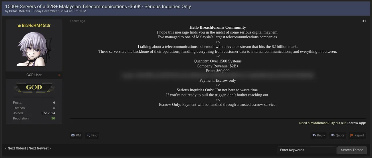 Br34cHM45t3r is Allegedly Selling Unidentified Malaysian Telecommunications Server Access