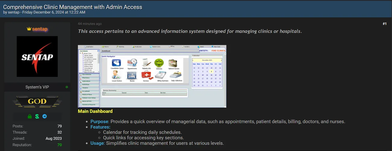 sentap Allegedly is Selling Super Admin Access to an Unidentified Clinic Management System in Kenya