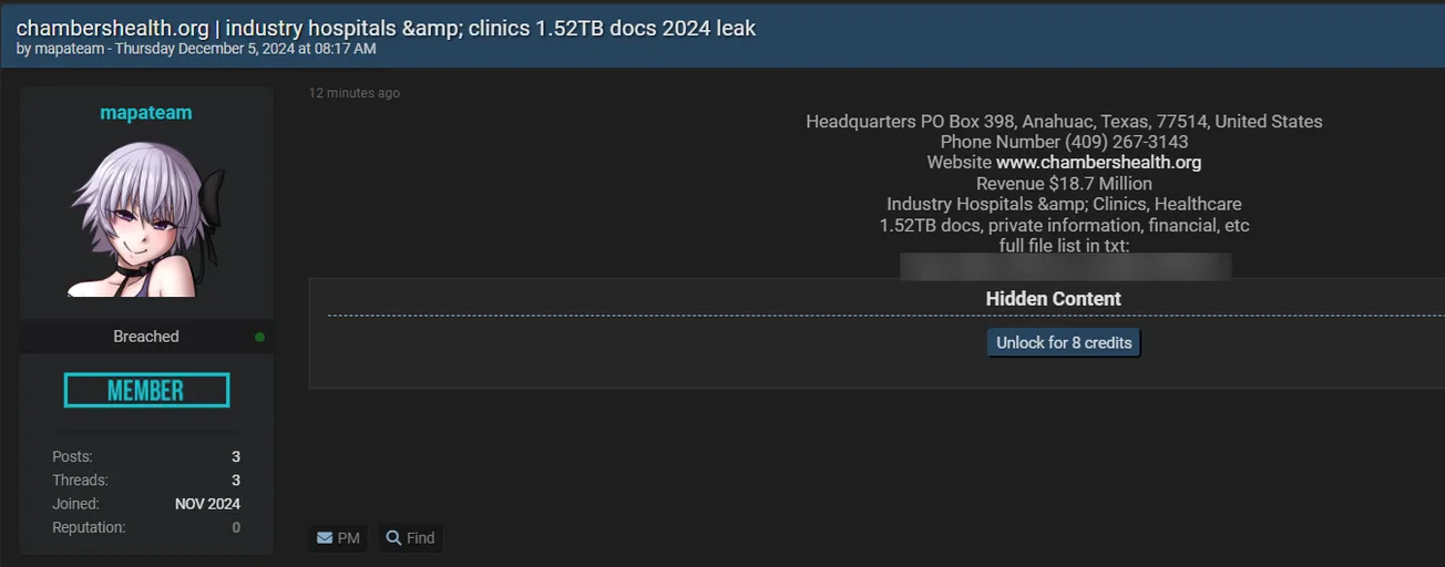 A Threat Actor Claims to have Leaked the Data of Chambers Health