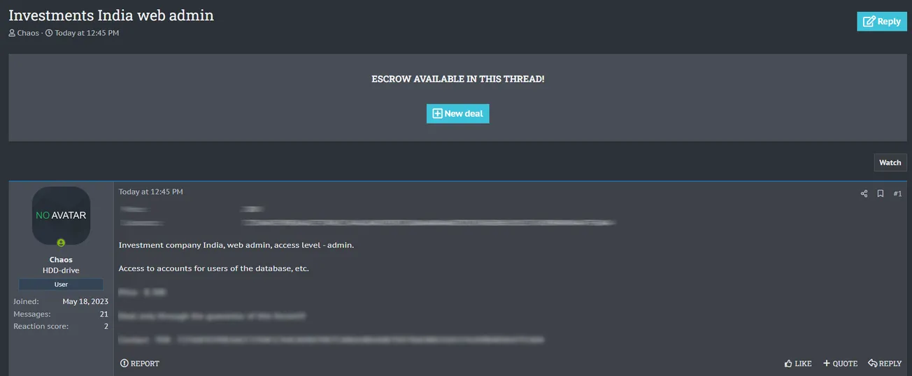 A Threat Actor Claims to be Selling Admin Access to an Unidentified Investment Company of India