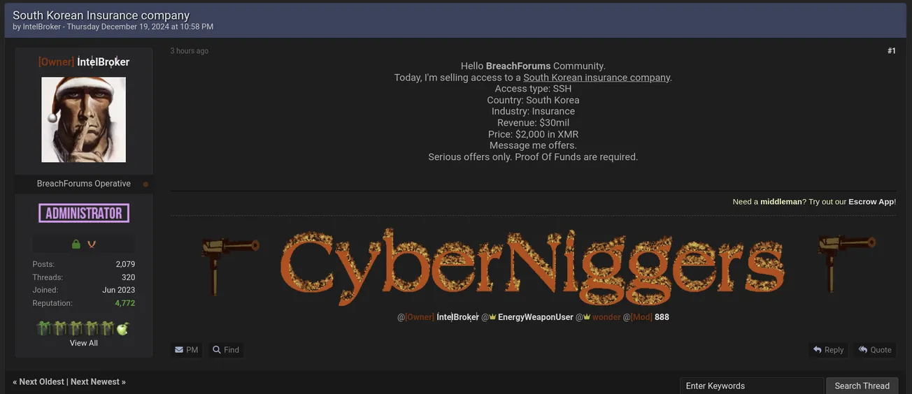 IntelBroker is Claiming to Sell SSH Access to an Unidentified South Korea Insurance Company