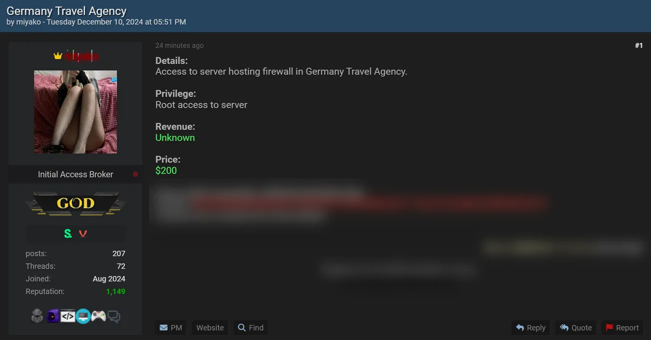 miyako is Allegedly Selling Access to an Unidentified German Travel Agency