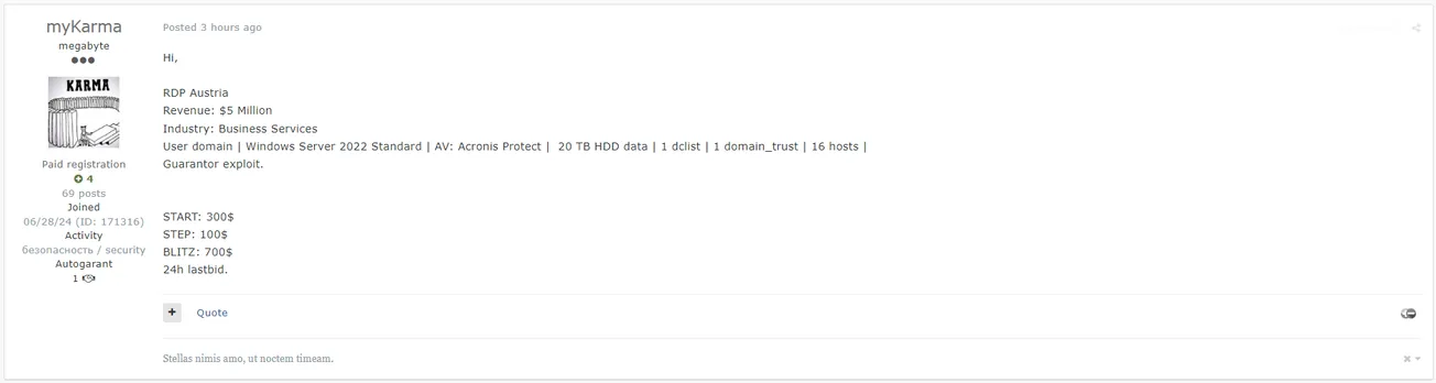 A Threat Actor is Allegedly Selling RDP Access to an Unidentified Business Services Company in Austria
