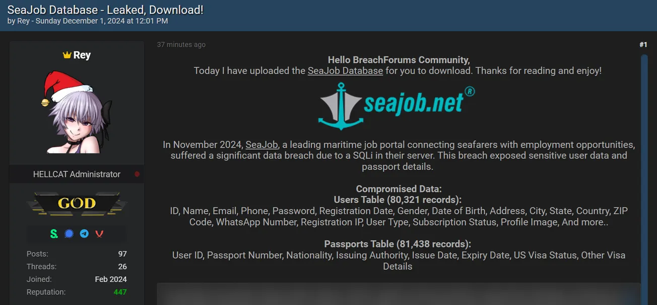 Rey Allegedly Leaked the Data of SeaJob