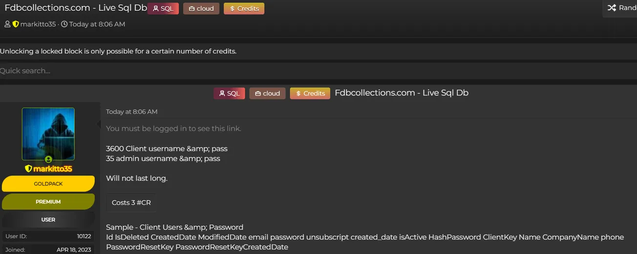 A Threat Actor Claims to have Leaked the Data of FDB Collections