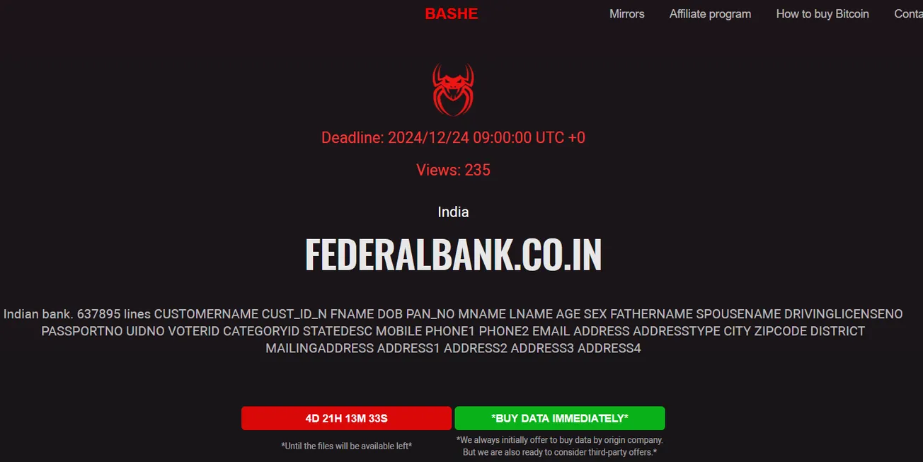 Federal Bank Has Been Claimed a Victim to BASHE Ransomware