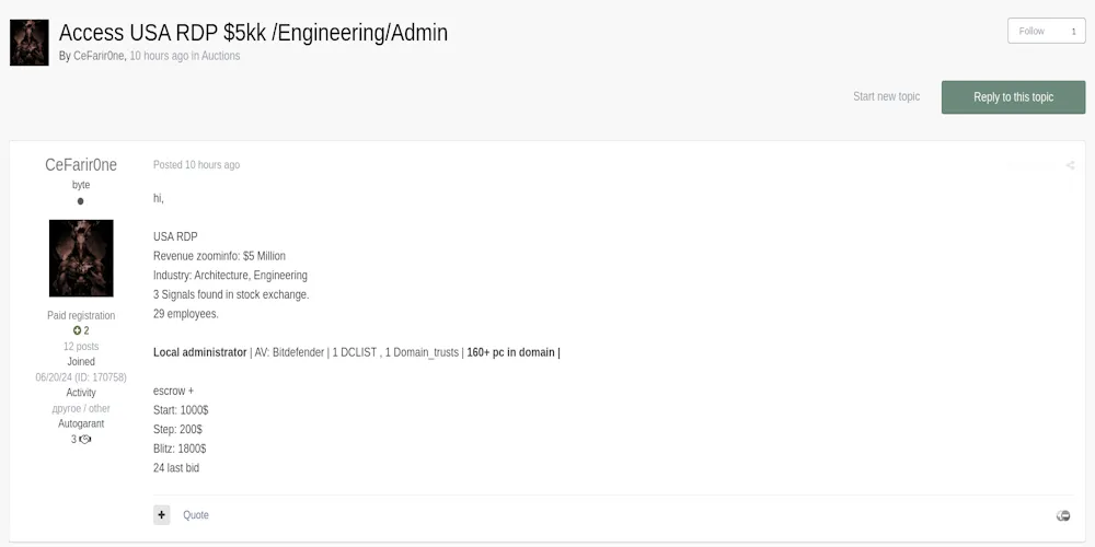A Threat Actor Claims to be Selling RDP Access to an Unidentified USA-based Engineering and Architecture Firm