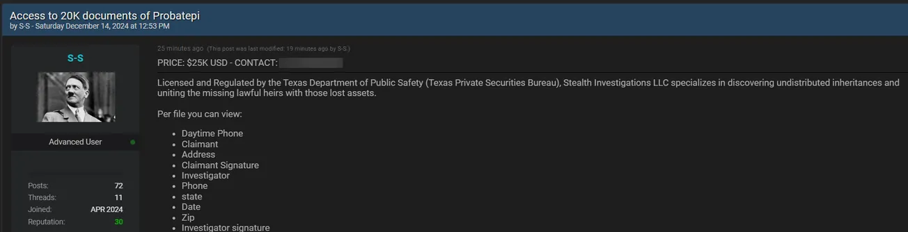 A Threat Actor Claims to be Selling Access to Stealth Investigations LLC