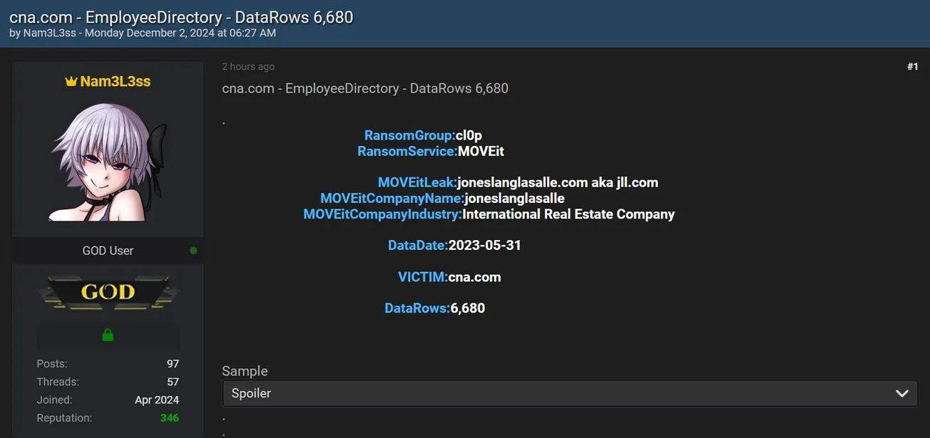 Nam3L3ss Claims to have Leaked the Data of CNA Insurance