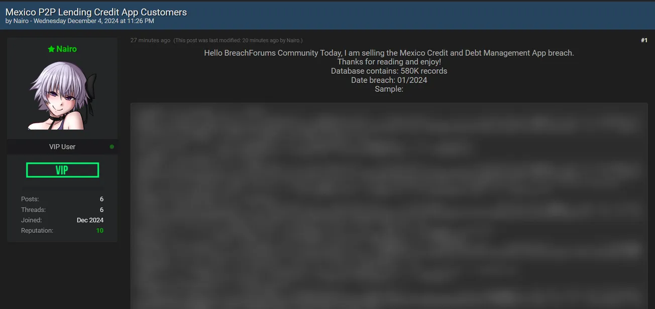 A Threat Actor Claims to be Selling Data from a Mexican peer-to-peer Lending and Credit Management Application