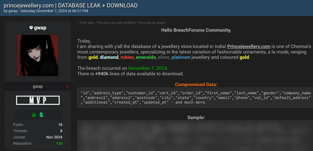 gwap Has Allegedly Leaked the Data of Prince Jewellery