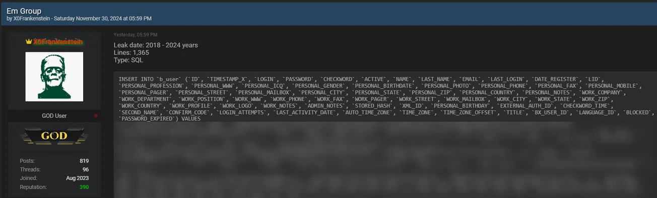 X0Frankenstein is Claiming to have Leaked the Data of E/M Group