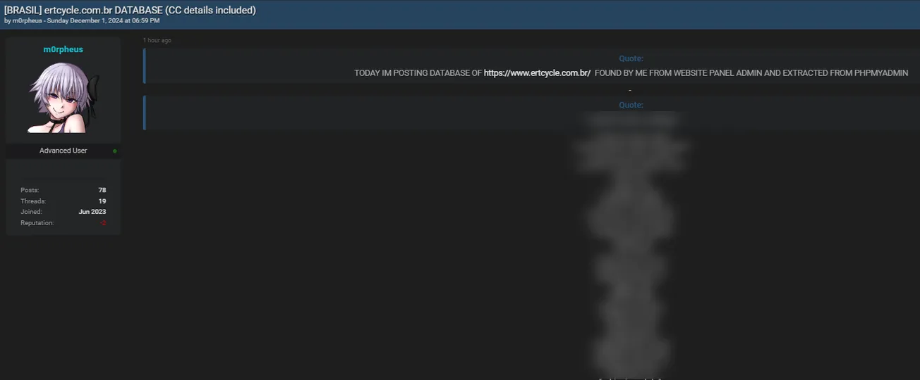 A Threat Actor Claims to have Leaked the Data of Ert Cycle